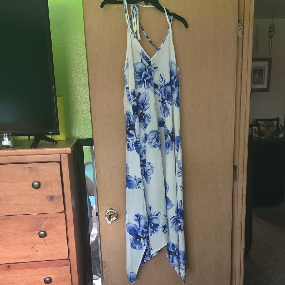 Ces Femme White and Blue Floral Strappy Top